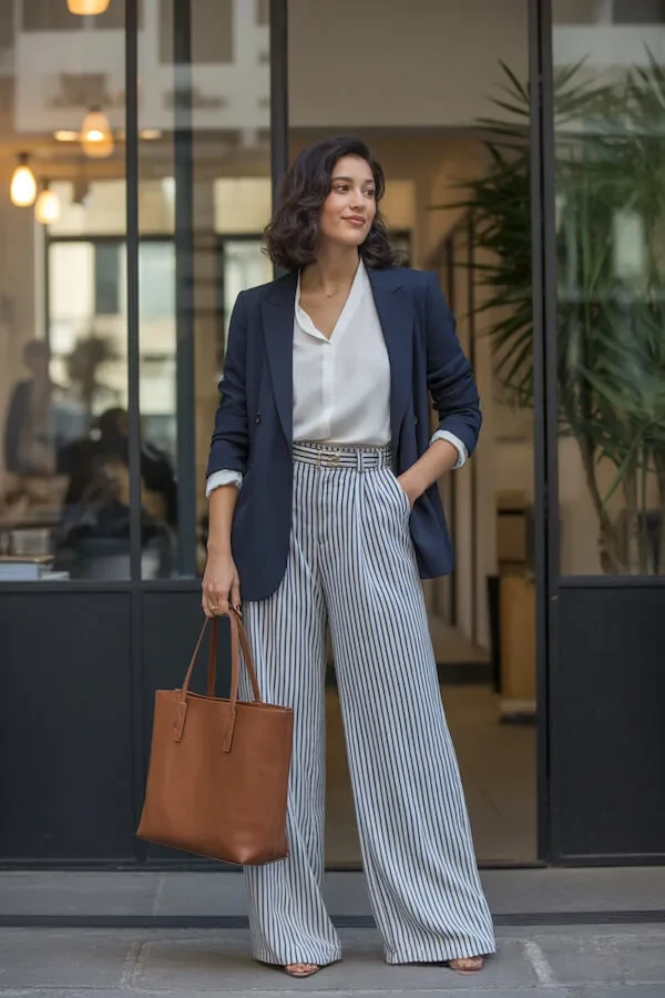Navy Blazer Striped Wide-Leg Trousers Work Outfit