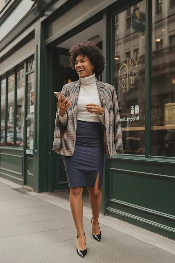 Houndstooth Blazer Navy Pencil Skirt Office Outfit