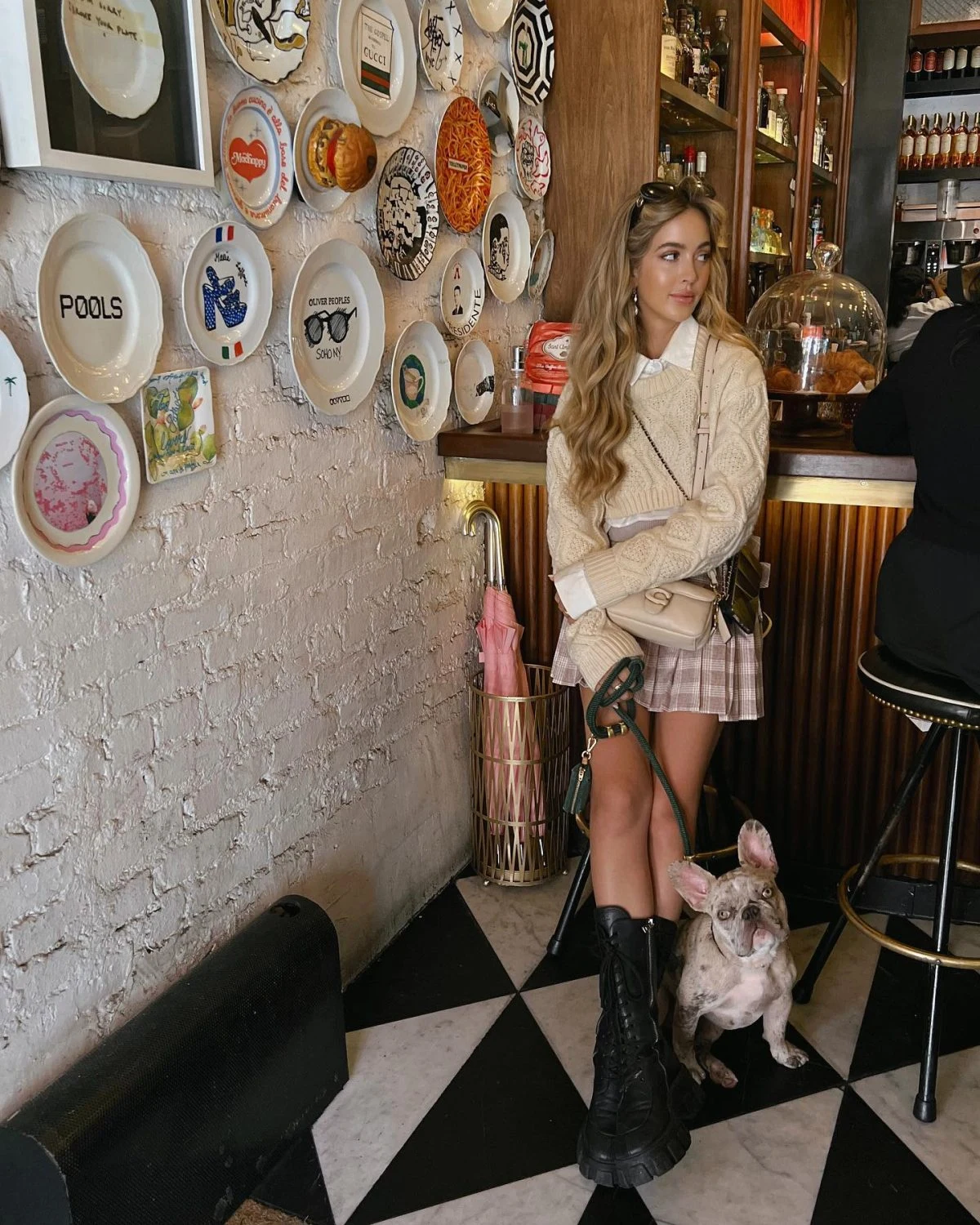 Cream Cable Knit Sweater Pink Plaid Skirt Outfit