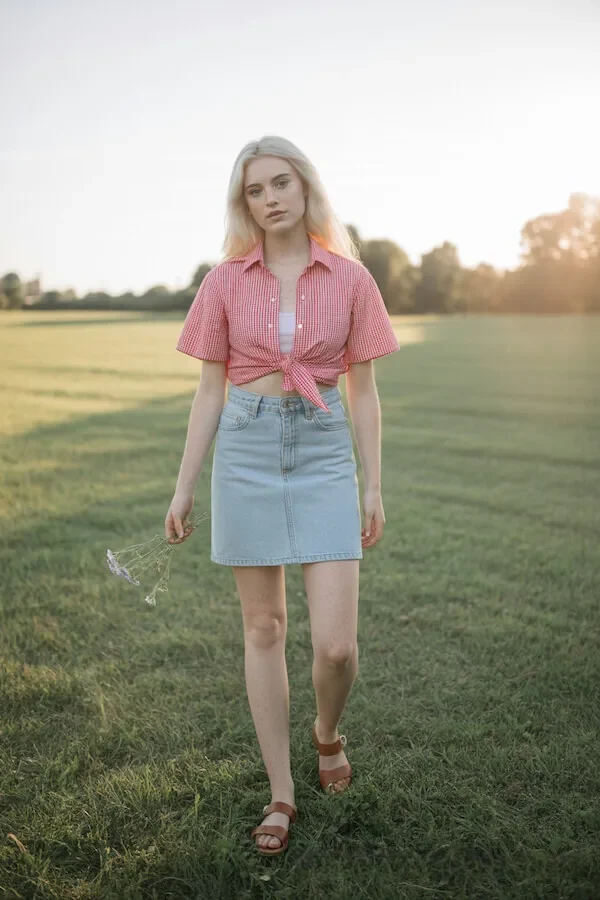 Red Striped Shirt Tied with Light Denim Mini Skirt Summer Outfit