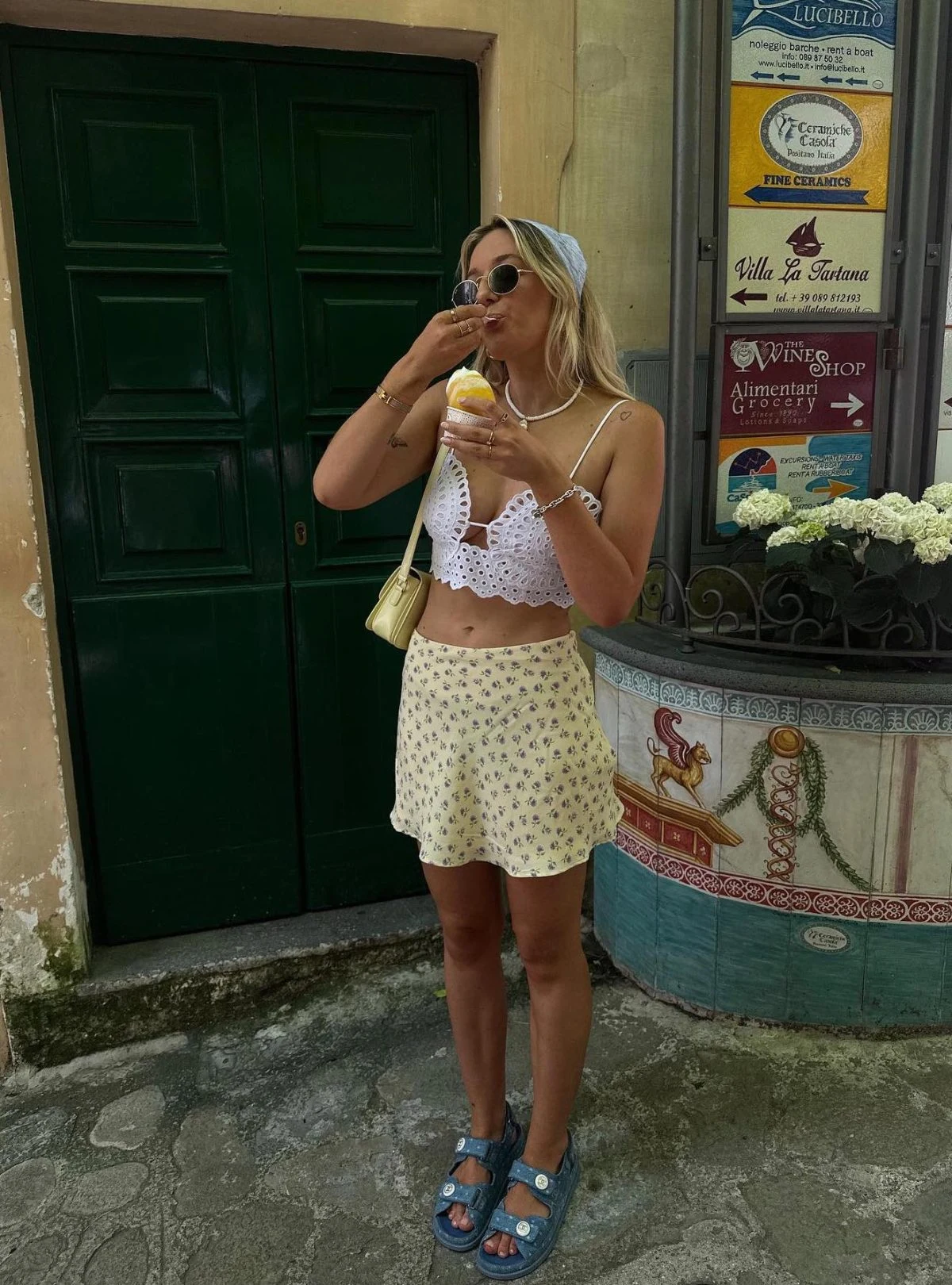 White Crochet Top Yellow Floral Skirt Summer Outfit