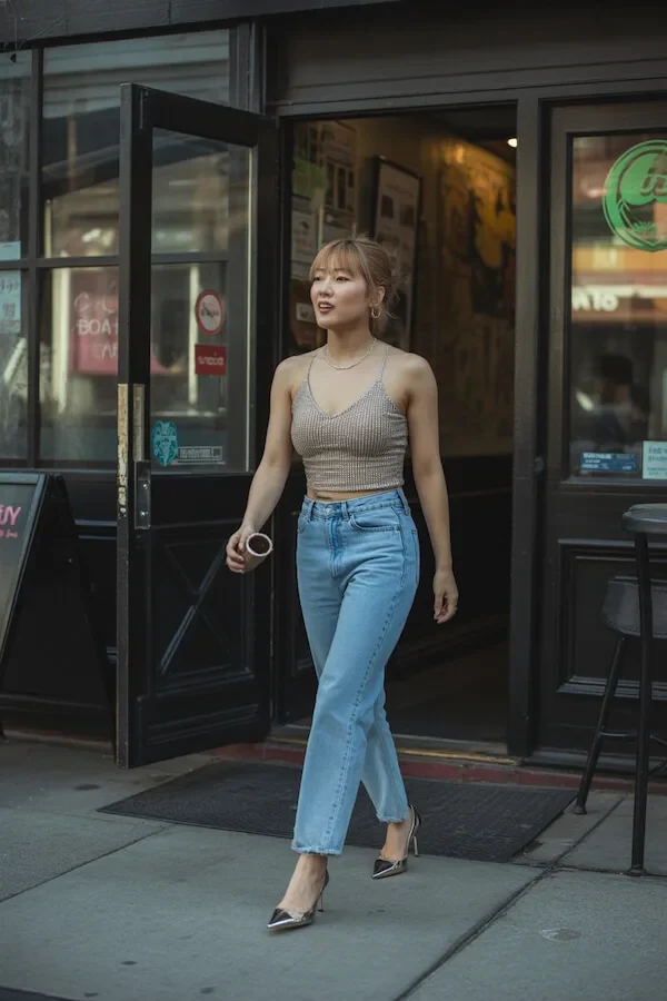 Ribbed Taupe Knit Tank with High-Waisted Light Blue Jeans