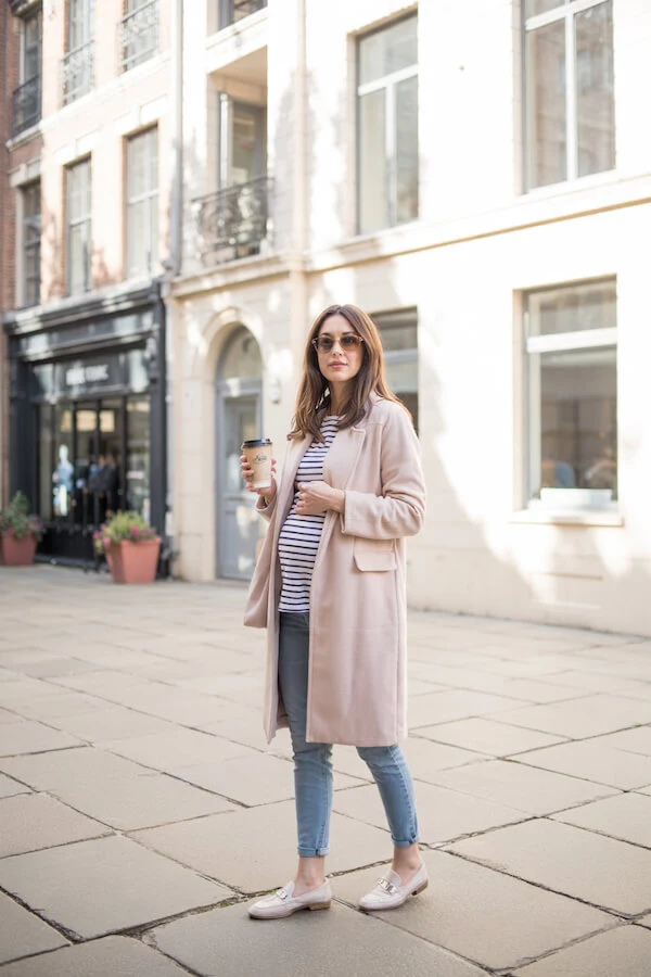 Blush Pink Coat Outfit with Breton Stripe Top