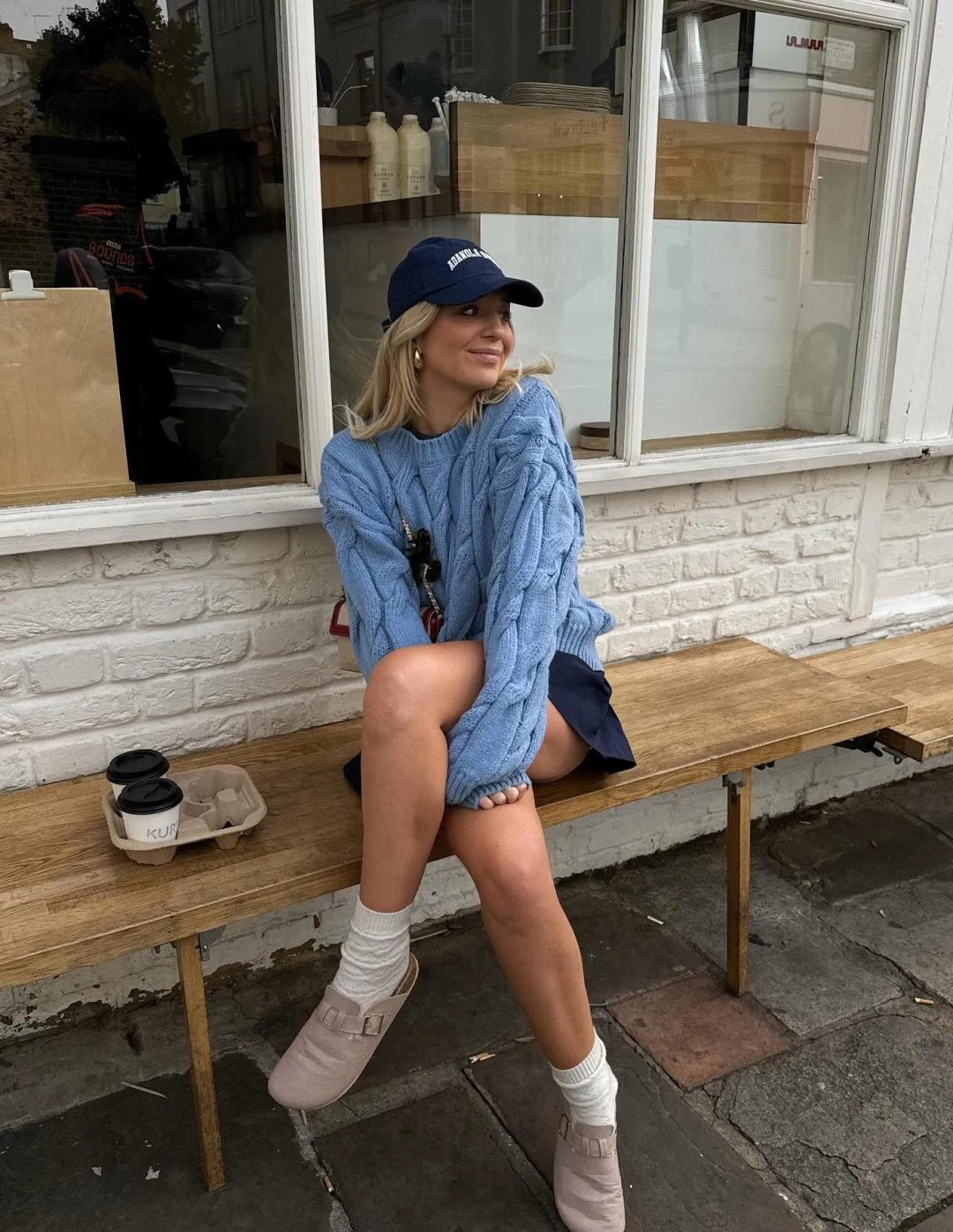 Blue Cable Knit Sweater Outfit with Navy Shorts