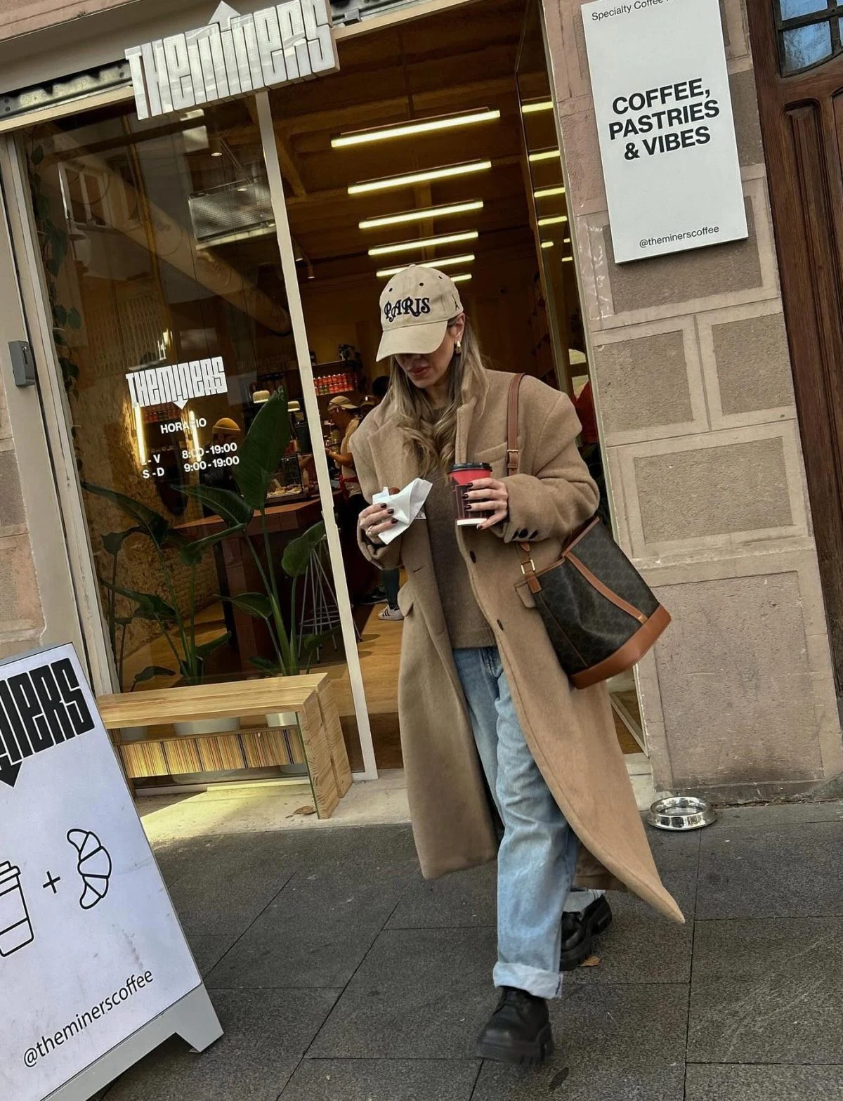 Camel Coat Light Wash Jeans Baseball Cap Outfit
