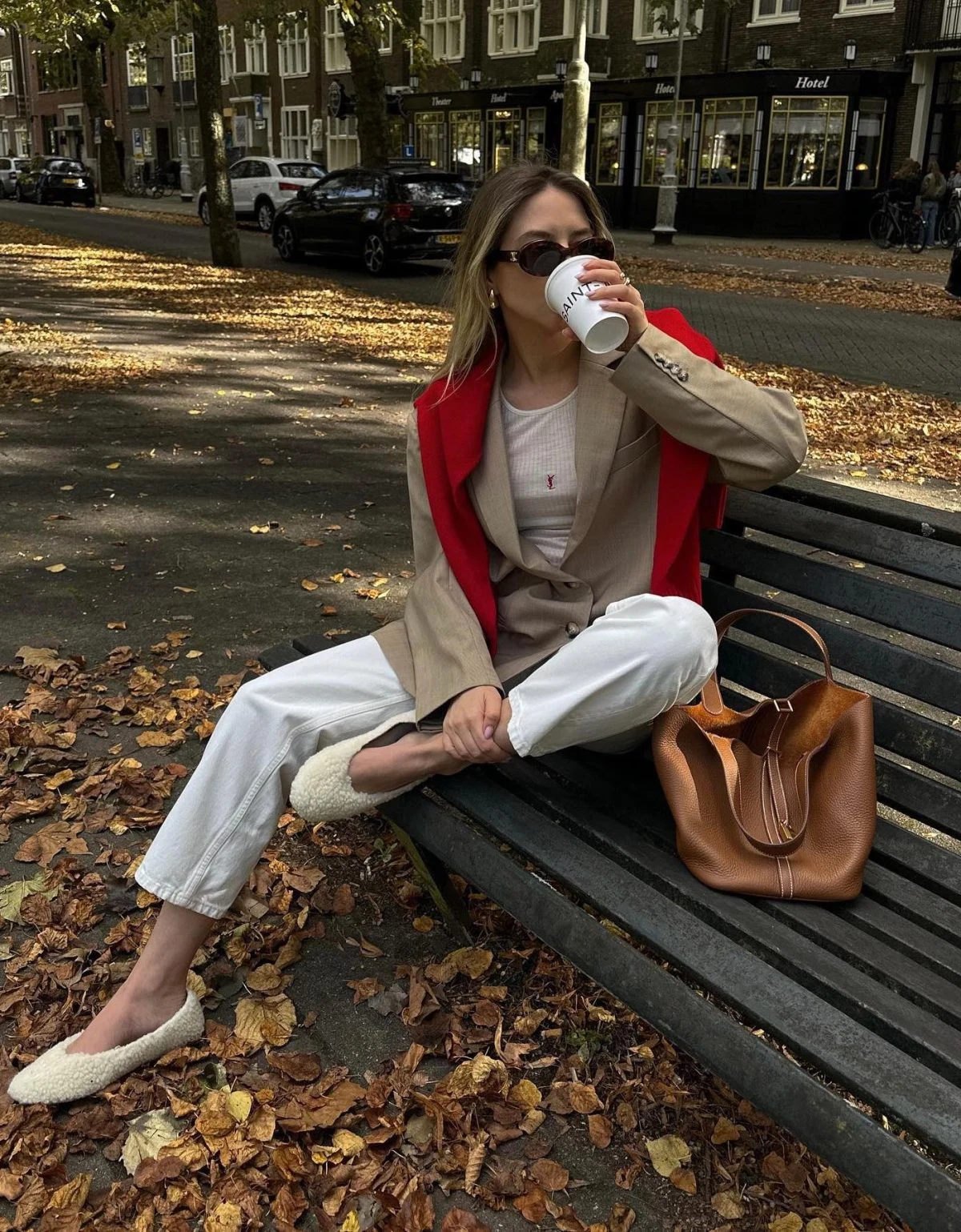 Beige Blazer White Trousers Red Coat Autumn Outfit