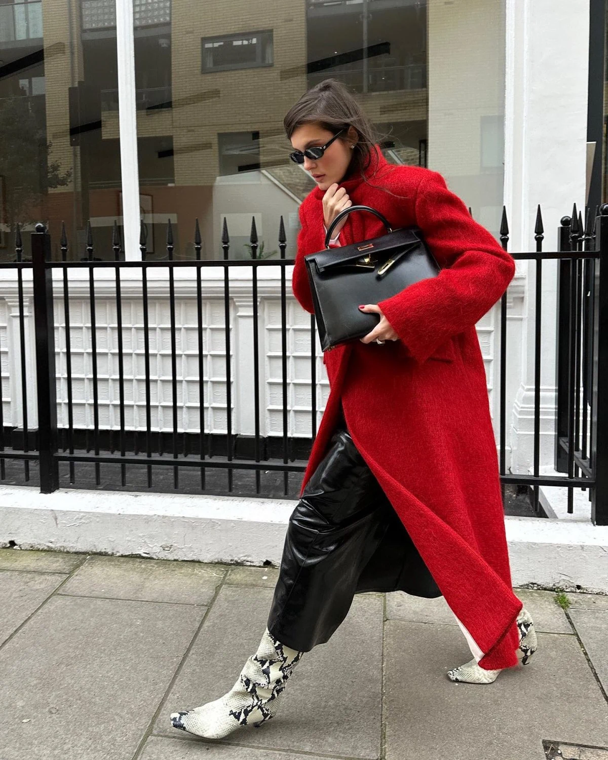 Red Wool Coat Outfit with Black Leather Trousers