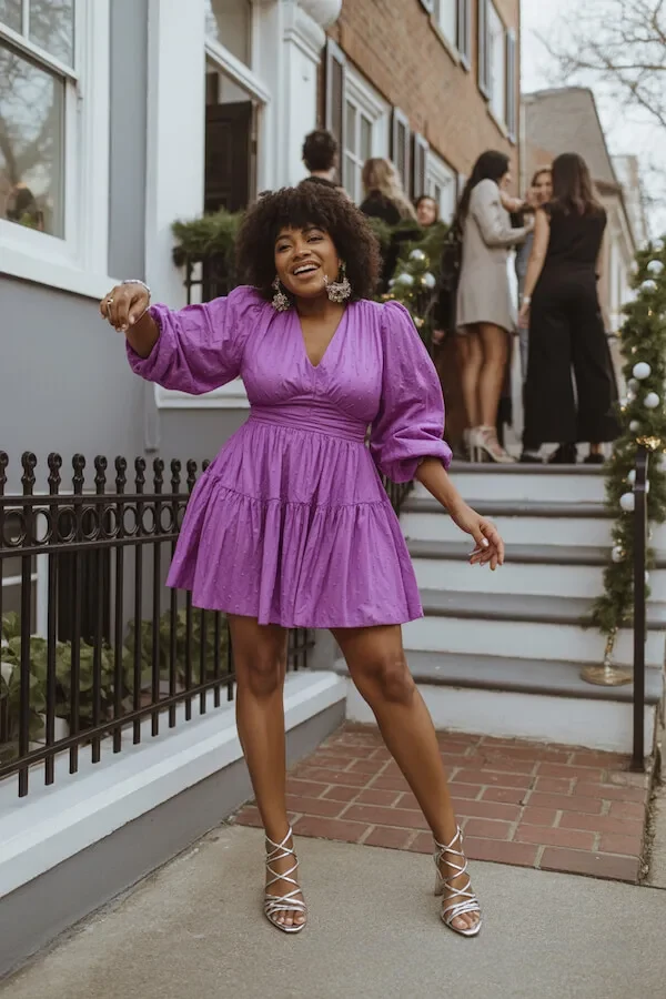 Purple Puff Sleeve Tiered Mini Dress with Gold Strappy Heels