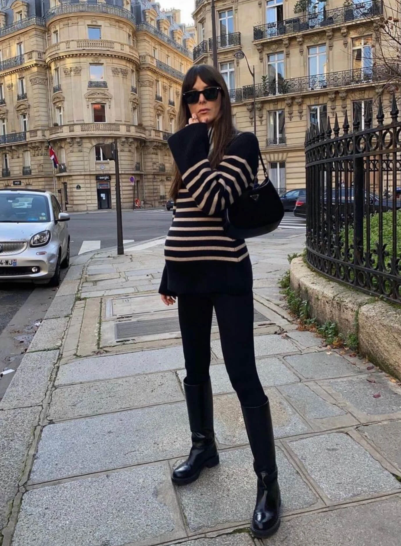 Black and Beige Striped Sweater Outfit with Slim Trousers