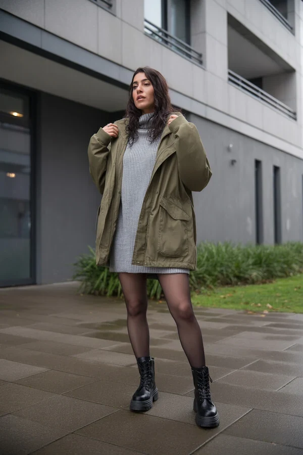 Olive Green Jacket Grey Knit Dress Combat Boots Outfit
