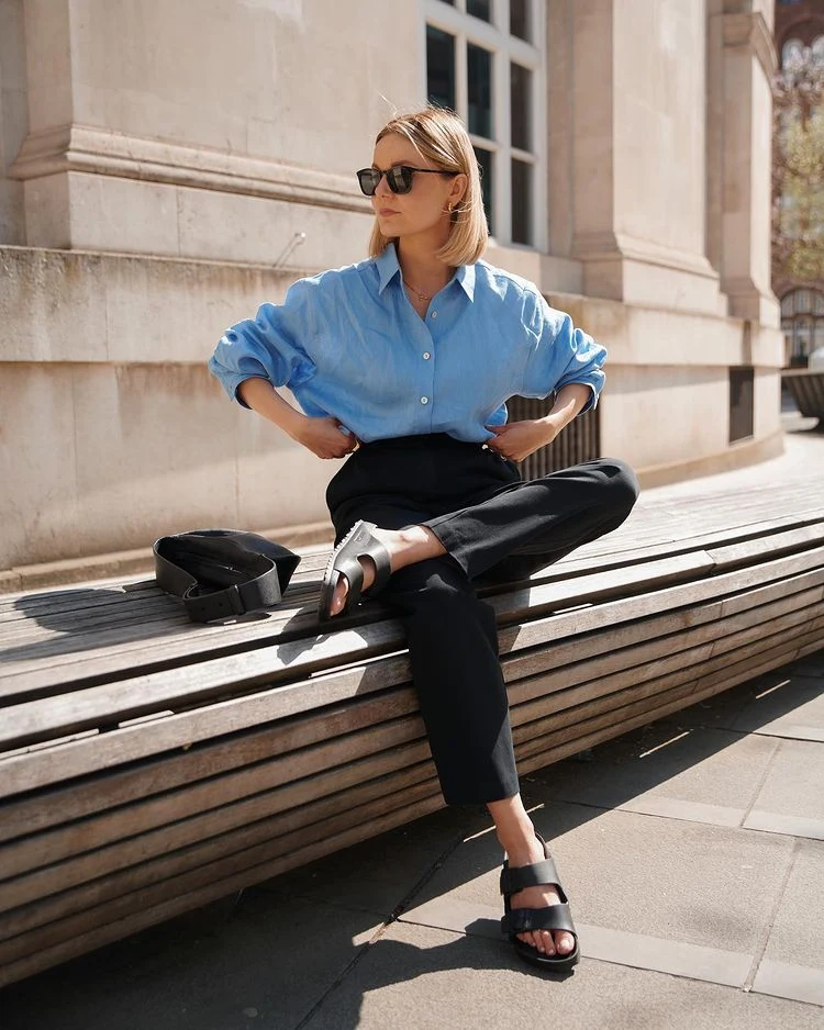 Blue Linen Shirt Outfit with Black Trousers