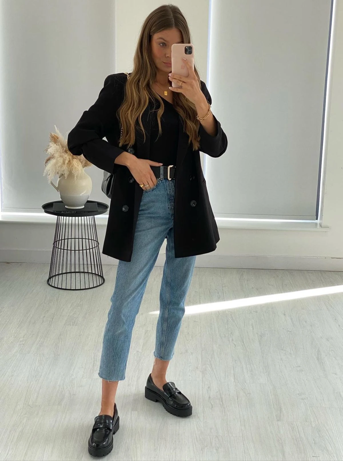 Black Blazer Straight-Leg Jeans Outfit with Loafers