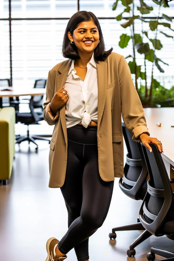 Camel Blazer Outfit with Black Trousers for Work