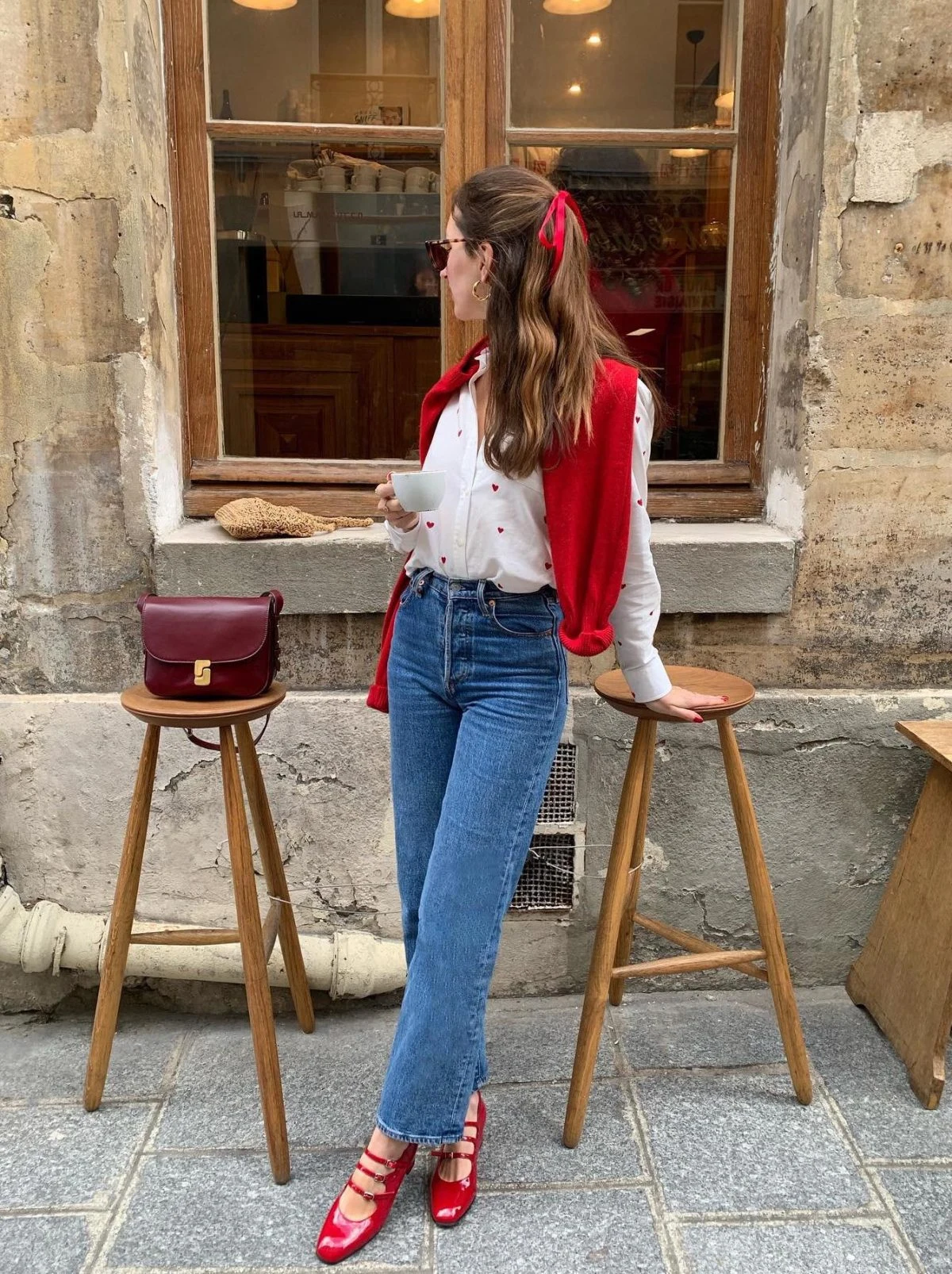 Red Cardigan White Heart Blouse Straight Leg Jeans