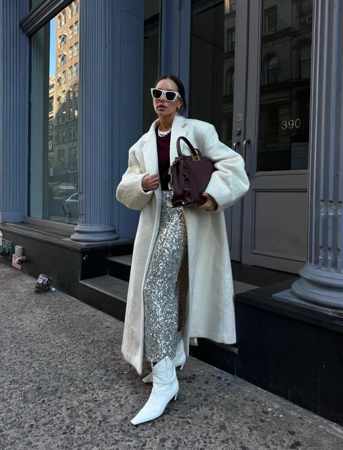 Cream Teddy Coat Outfit with Silver Sequin Skirt
