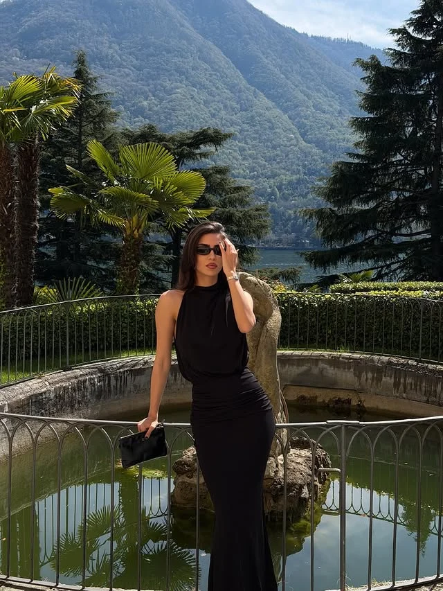 Black Halter Maxi Dress Vacation Outfit with Cardigan