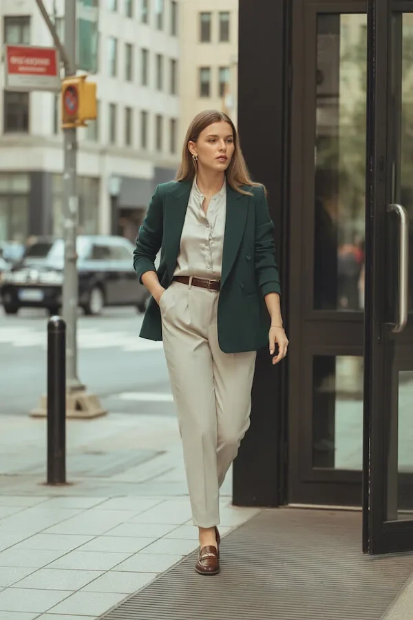 Forest Green Blazer Cream Trousers Brown Belt Loafers Work Outfit