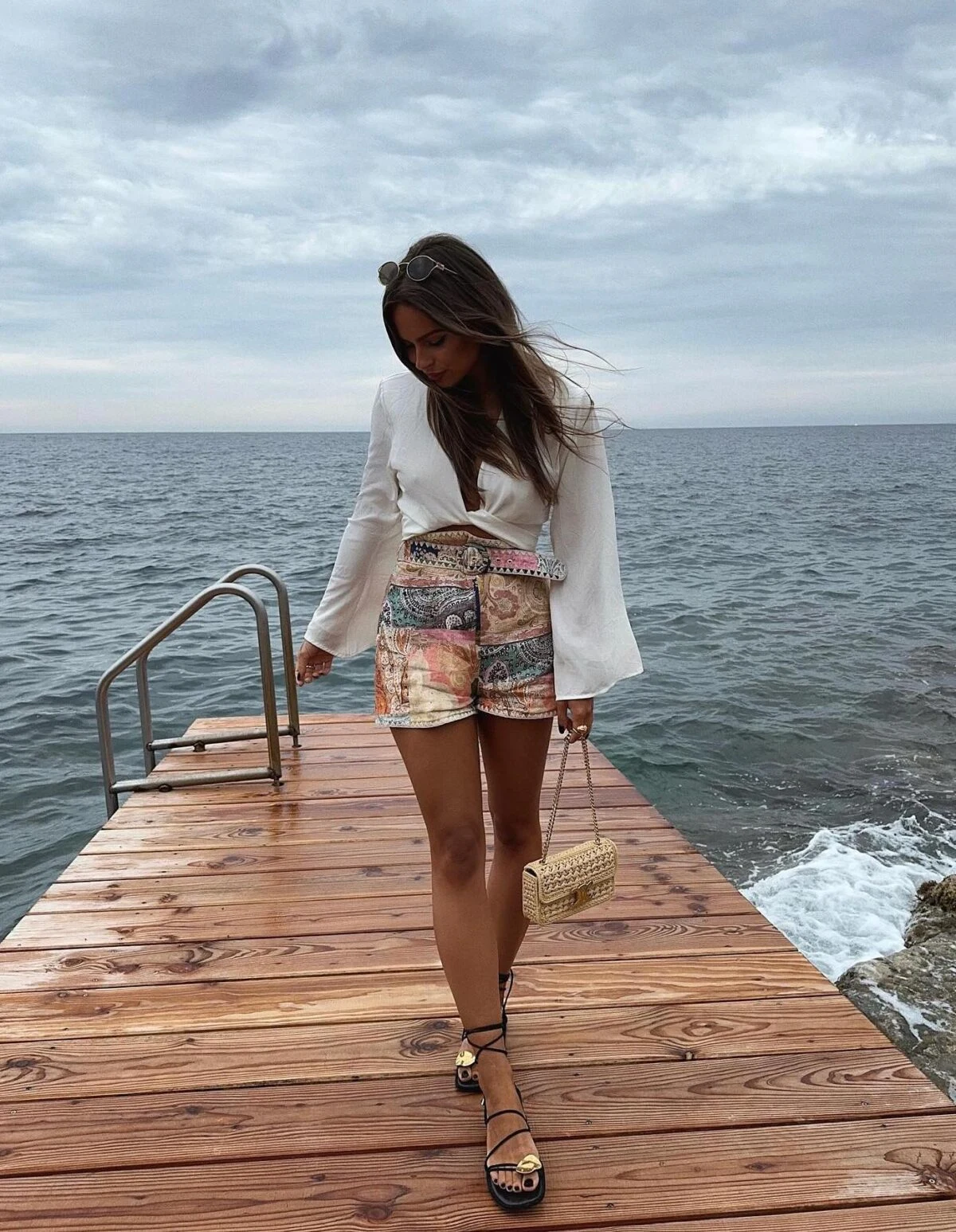 White Linen Shirt Embellished Shorts Coastal Outfit