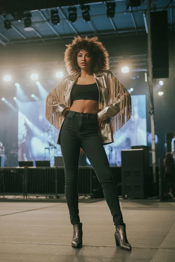 Metallic Gold Fringe Jacket with Black Crop Top and High-Waisted Jeans
