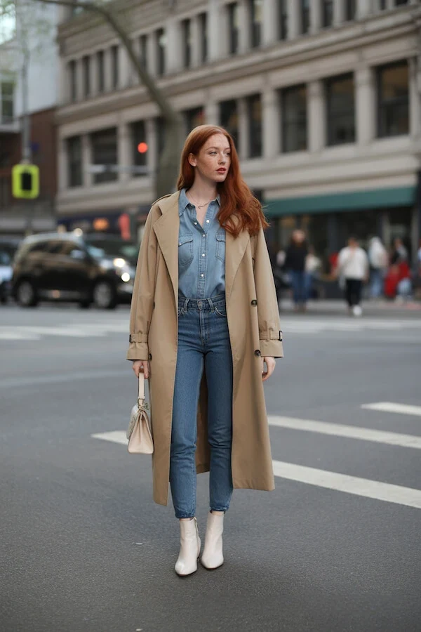 Beige Trench Coat Denim on Denim Outfit with White Boots