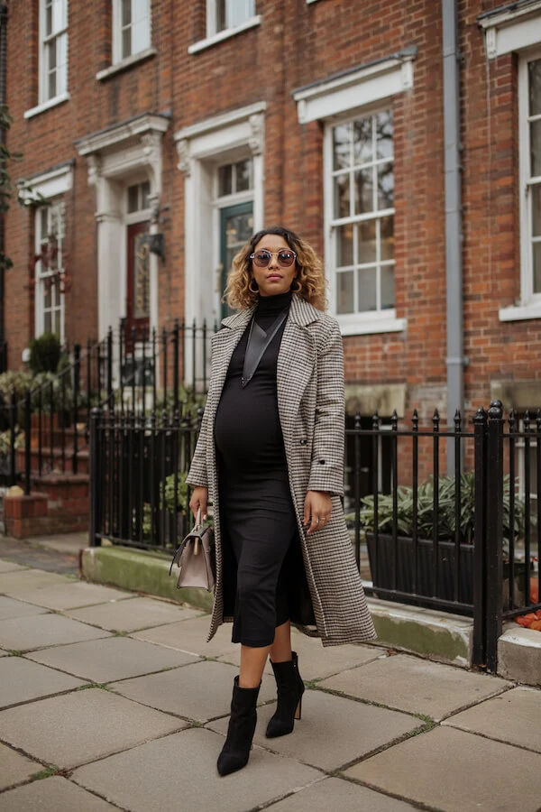 Houndstooth Coat Black Midi Skirt Outfit