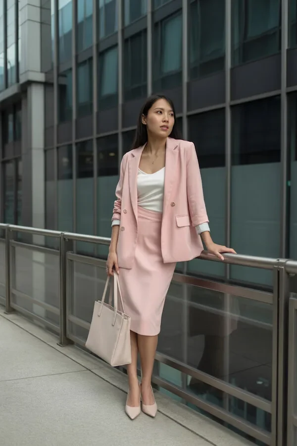 Pink Double-Breasted Blazer Pencil Skirt Suit with Ivory Camisole