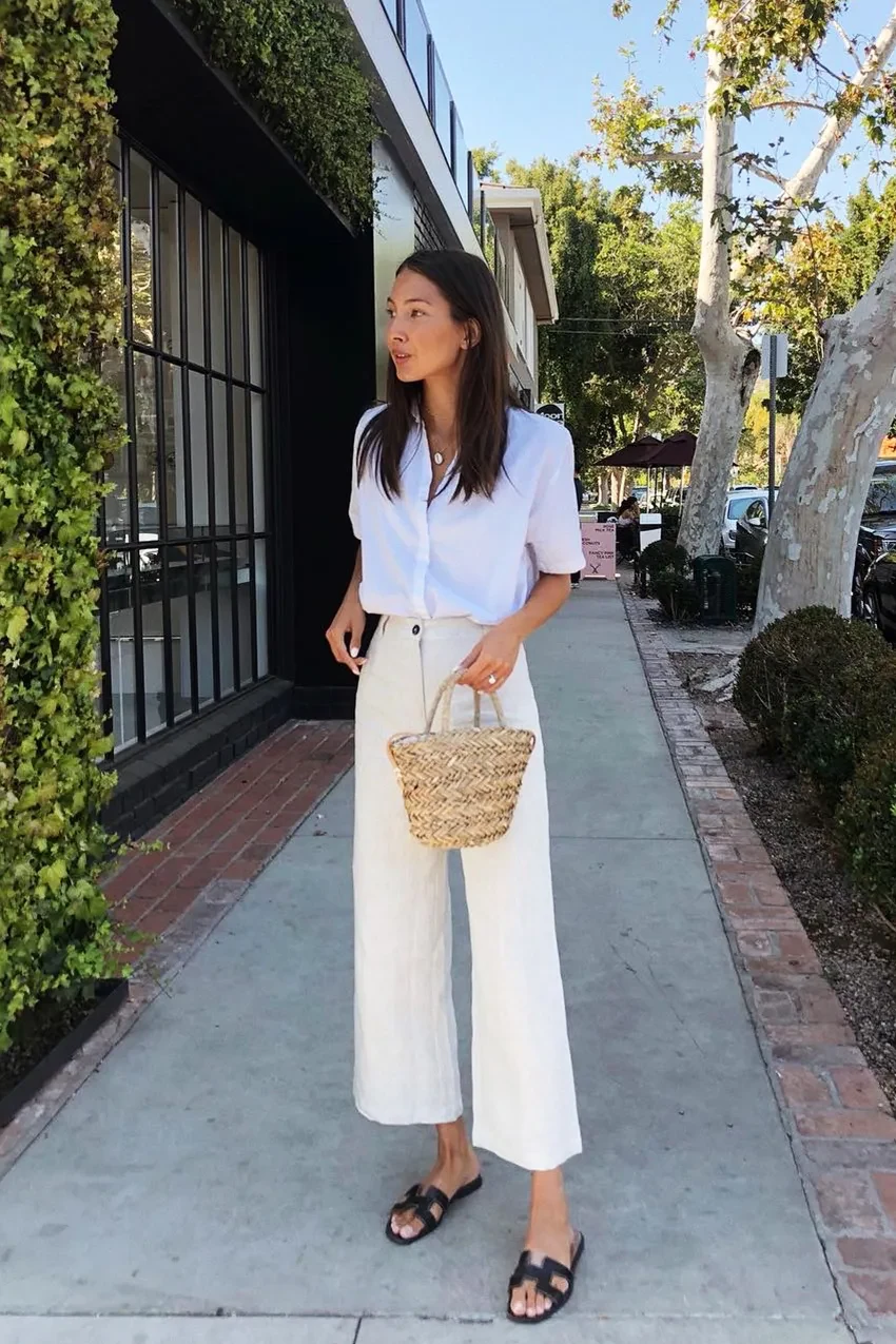 White Shirt Wide-Leg Cream Trousers Summer Outfit
