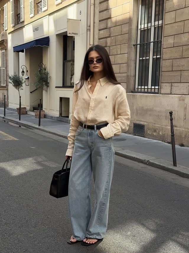 Cream Shirt Wide-Leg Jeans Outfit with Black Belt