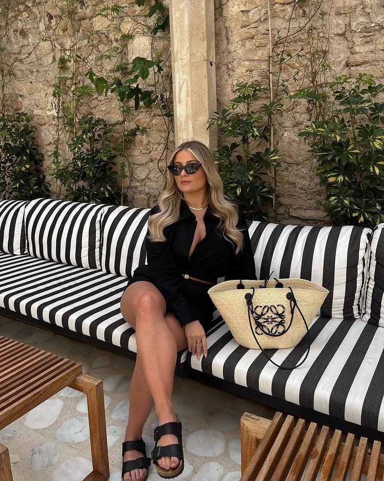 Black Linen Shirt Dress Outfit with Straw Tote