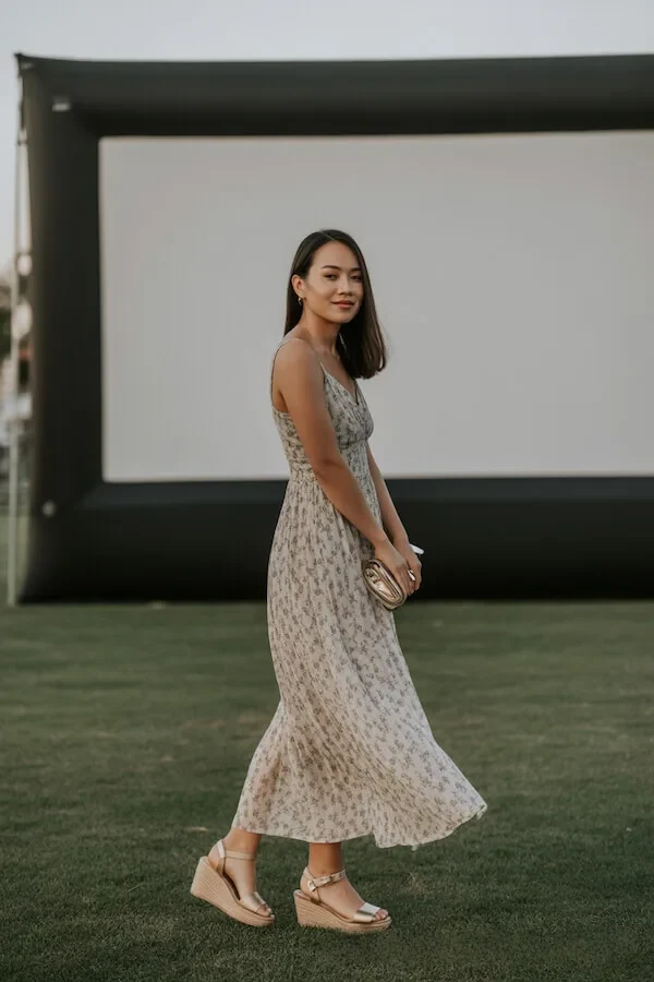 Floral Midi Slip Dress with Wedge Sandals Summer Outfit