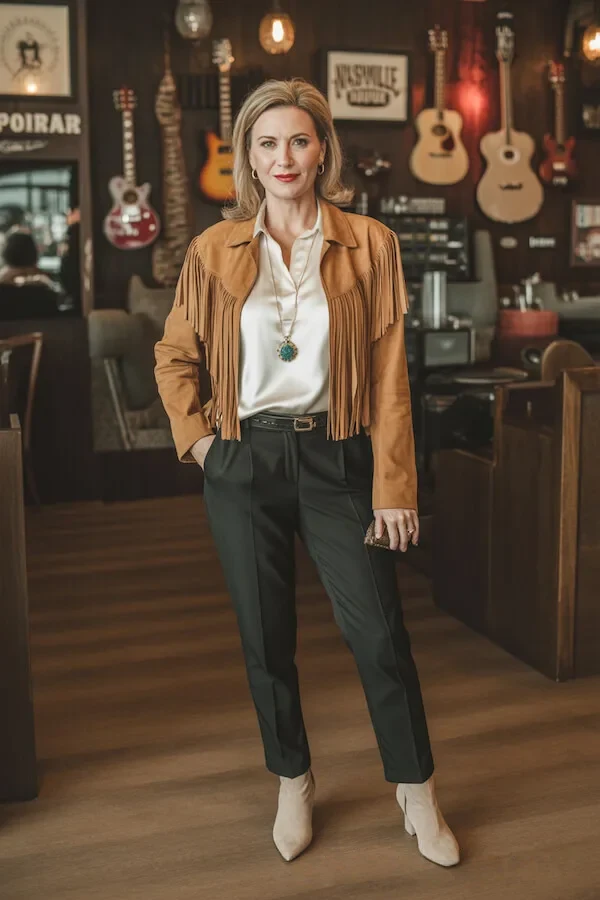 Tan Fringe Leather Jacket with Black Tailored Trousers and Cream Silk Blouse