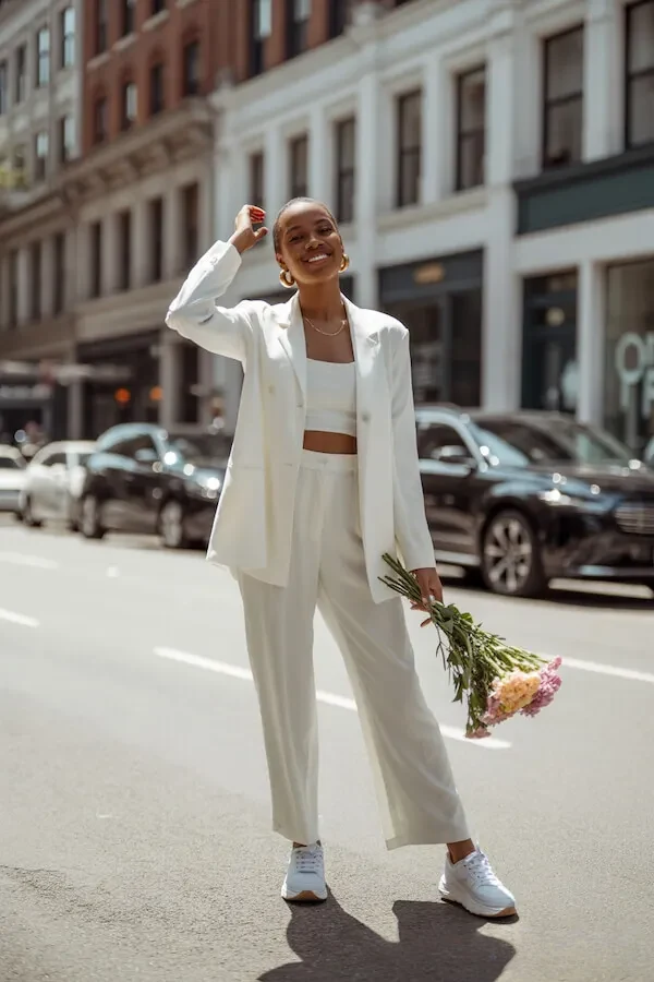 White Linen Blazer Suit with Crop Top and White Sneakers