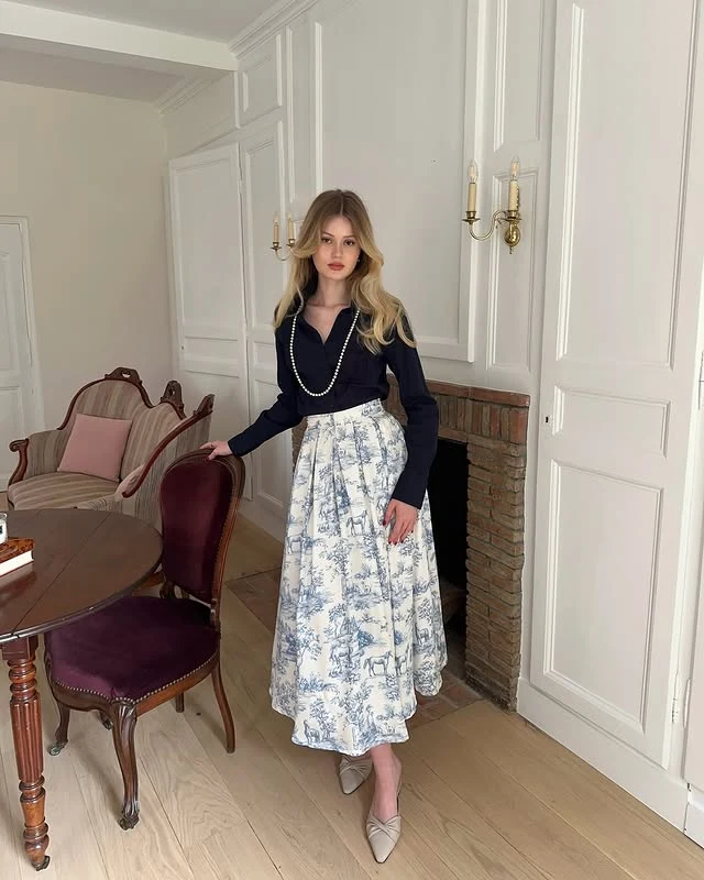 Navy Wrap Blouse Blue Toile Midi Skirt Outfit