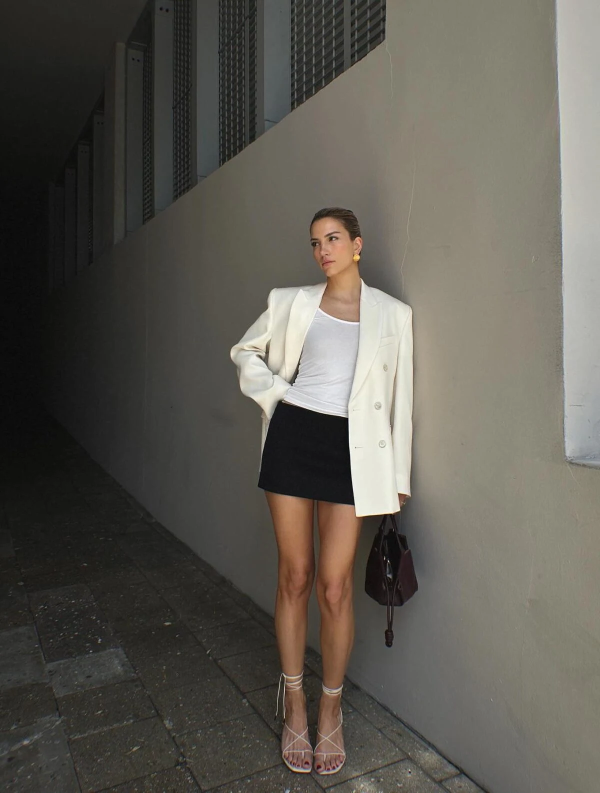 Cream Blazer Black Mini Skirt Outfit