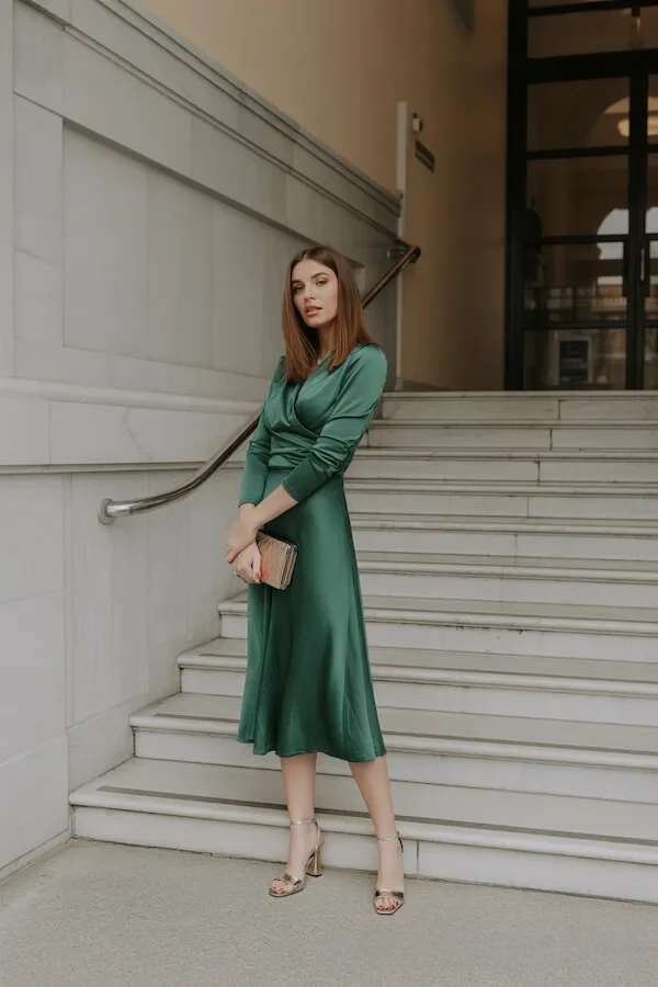 Green Satin Wrap Midi Dress with Nude Strappy Heels