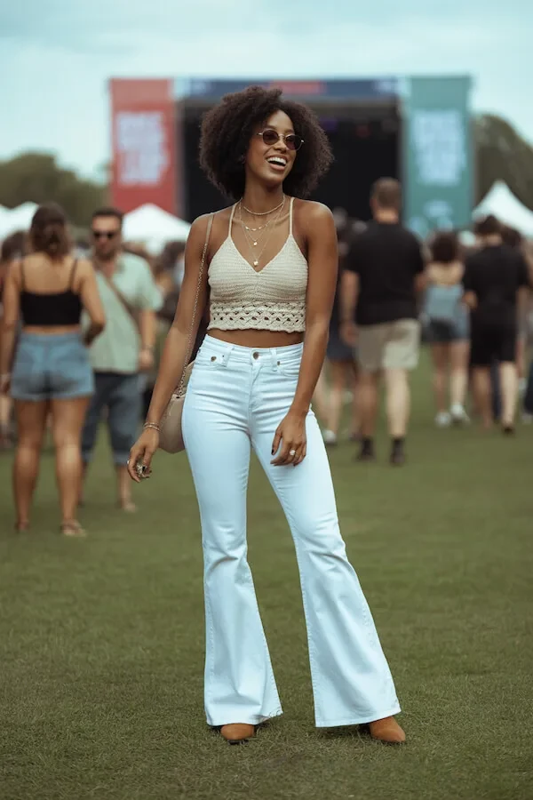 White Crochet Crop Top Flared Jeans Festival Outfit