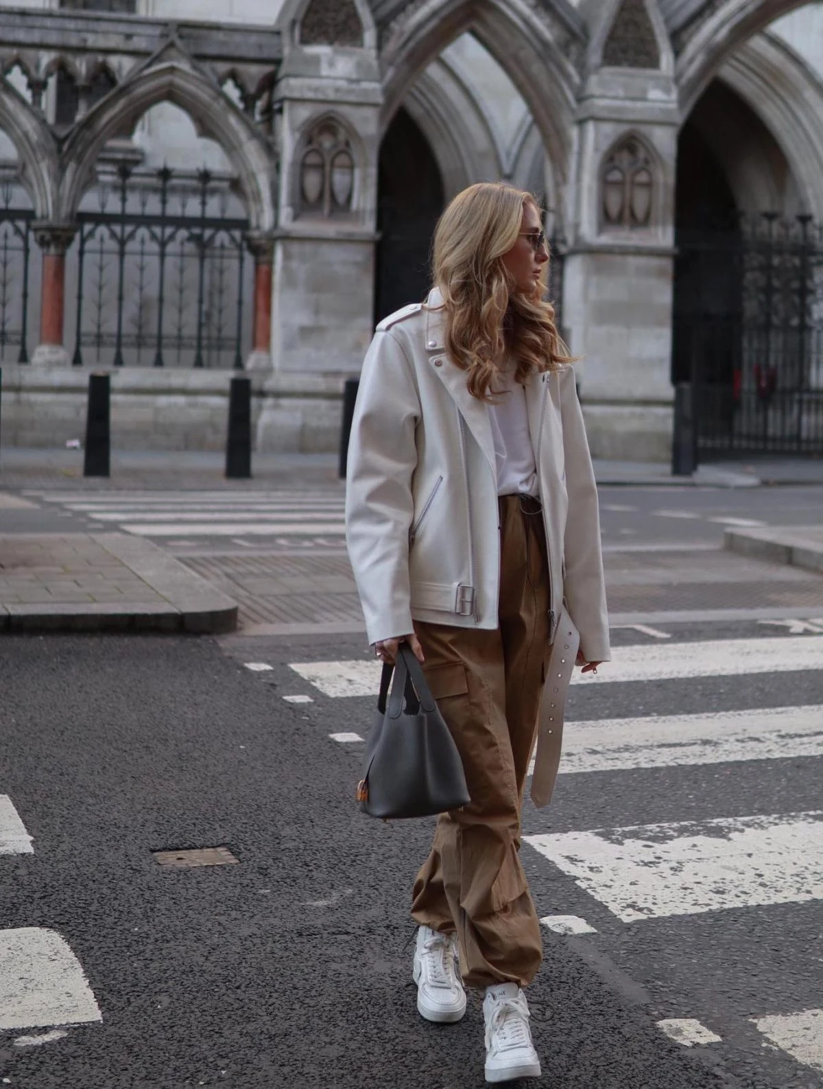 Cream Leather Jacket Outfit with Brown Cargo Trousers