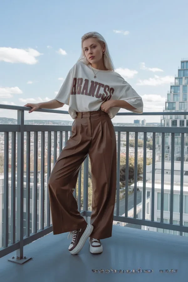 Oversized White Graphic Tee with Chocolate Brown Wide-Leg Trousers