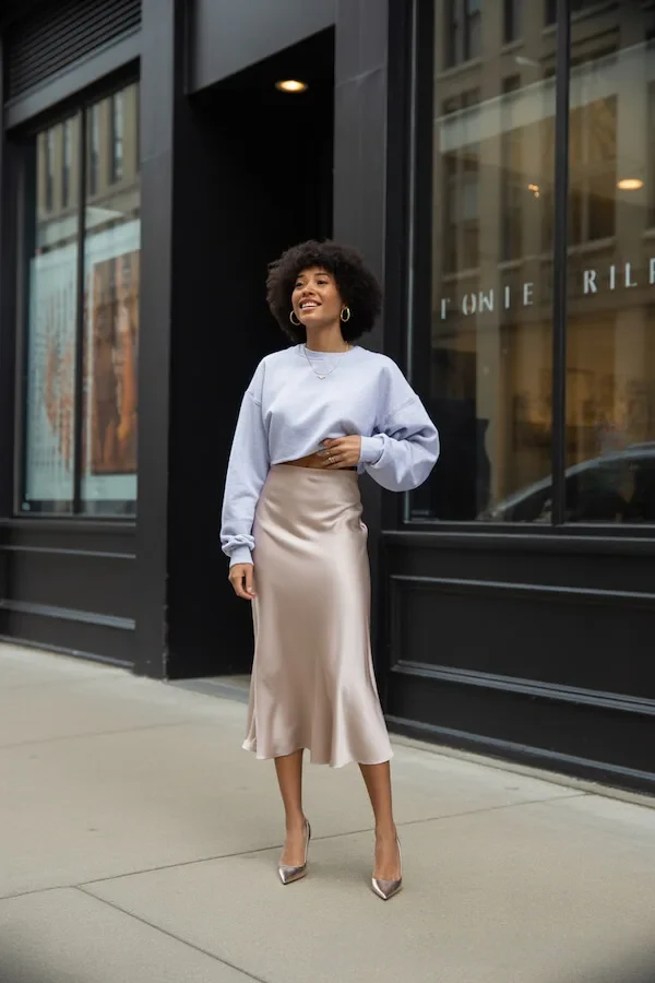 Cropped White Sweatshirt with Champagne Silk Midi Skirt