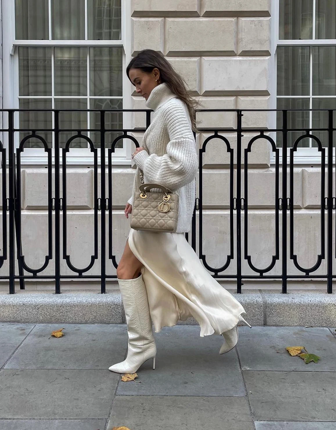Cream Turtleneck Sweater Silk Skirt Outfit with Knee-High Boots