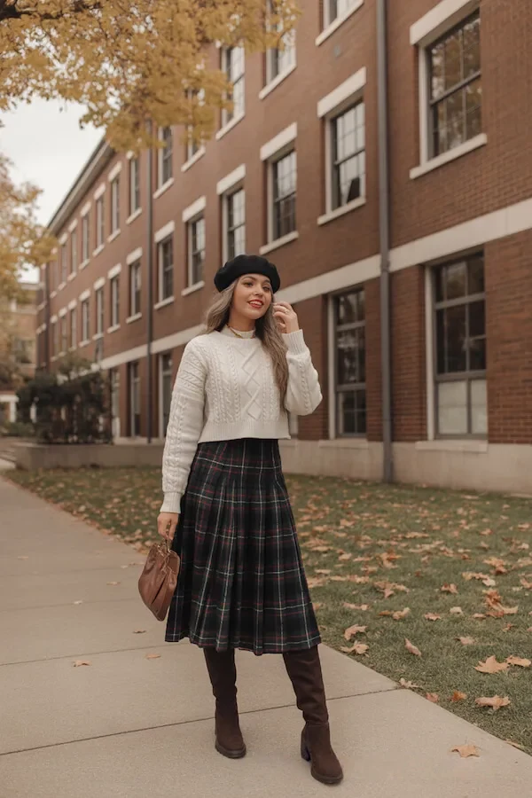 Cream Cable Knit Cropped Sweater with Navy Tartan Midi Skirt Fall Outfit