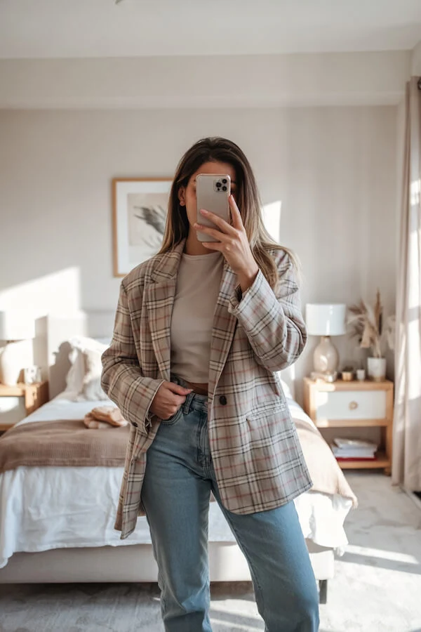 Camel Plaid Blazer Outfit with Light Wash Jeans