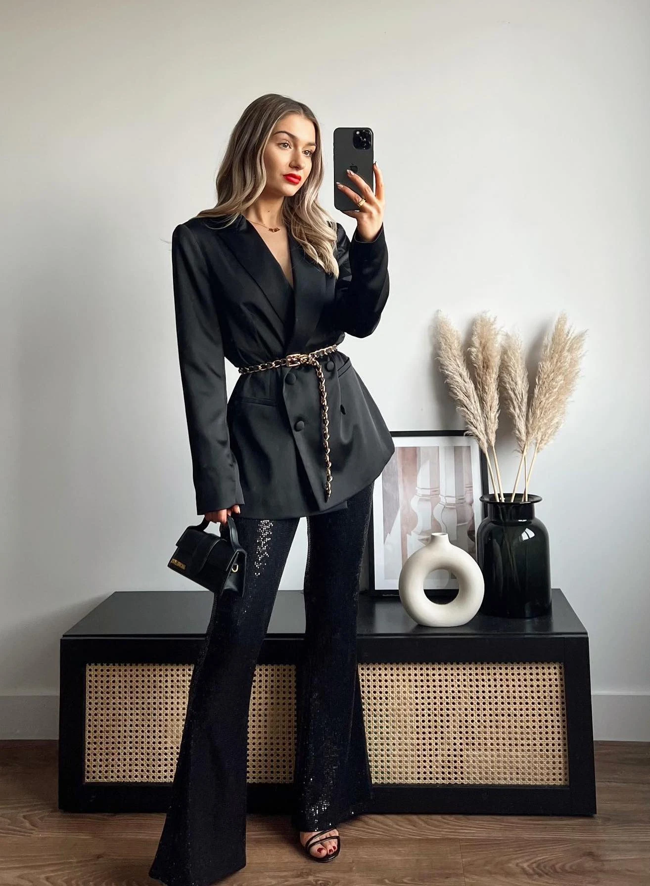 Black Blazer Chain Belt Outfit with Sequin Trousers