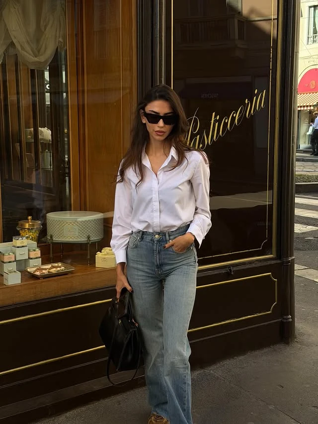 White Silk Shirt Straight Leg Jeans Outfit