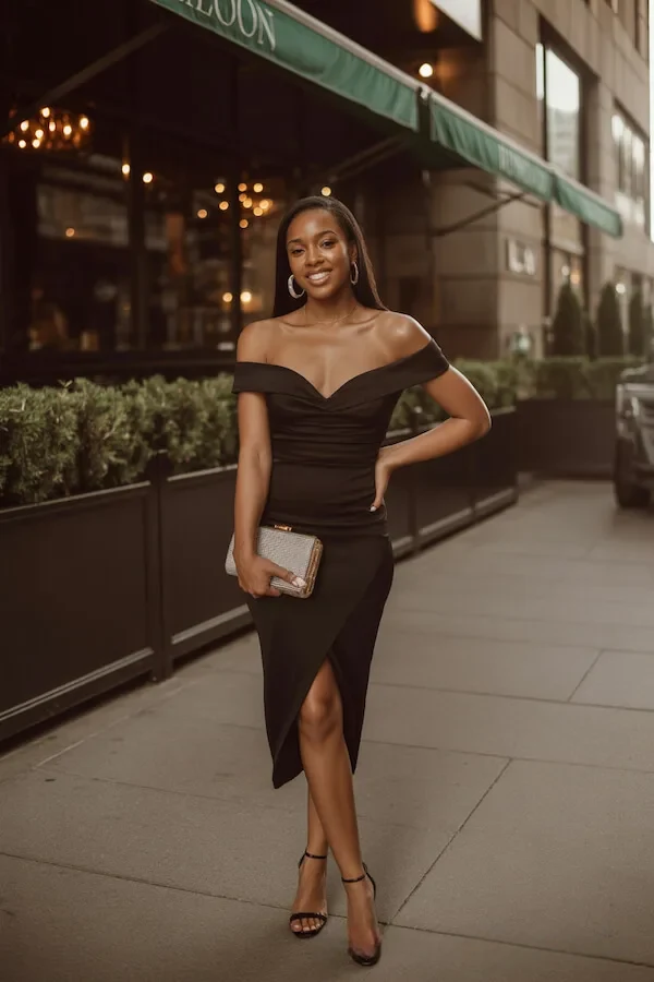 Black Off-Shoulder Dress Outfit with Ruched Bodice