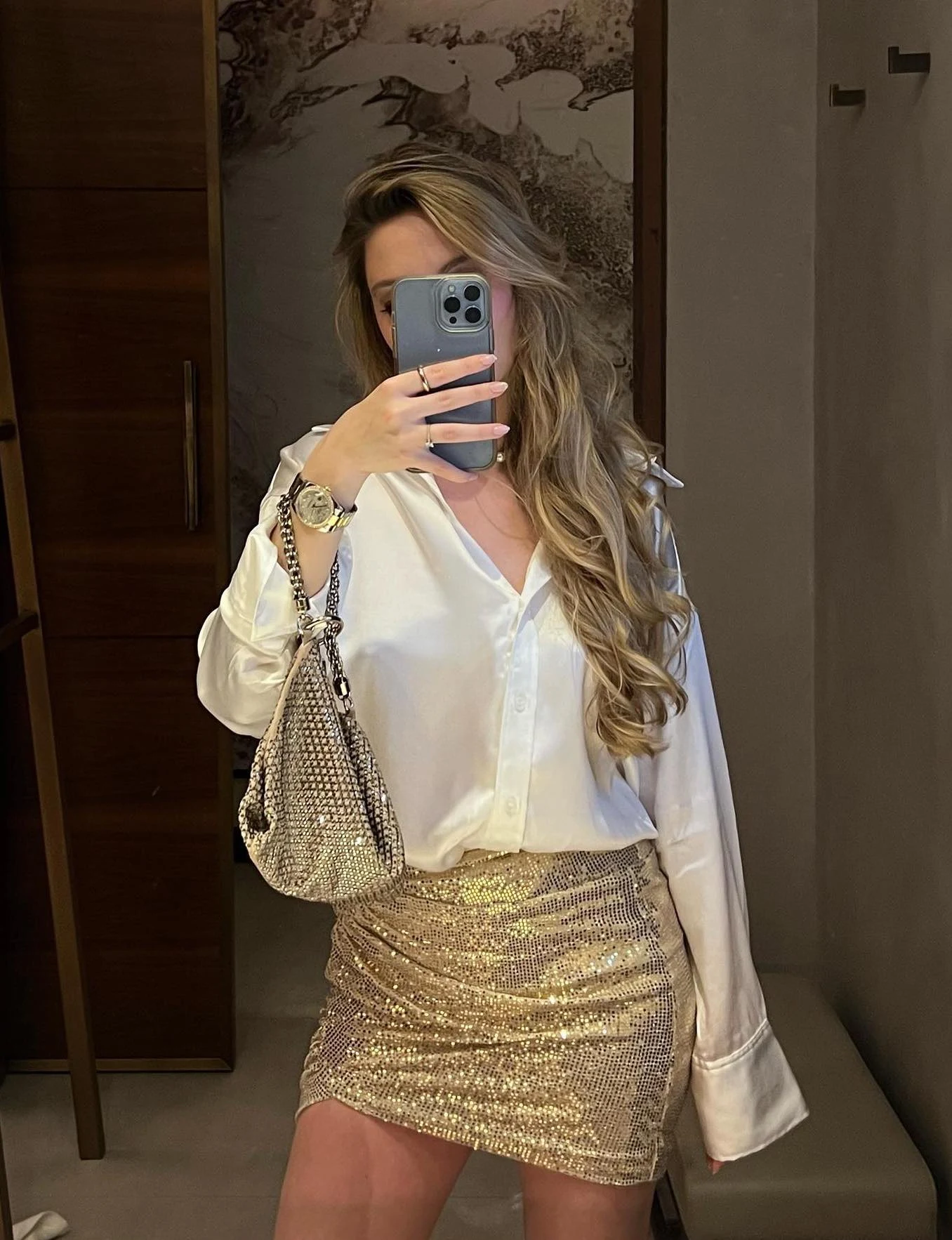 White Silk Blouse Gold Sequin Mini Skirt Outfit
