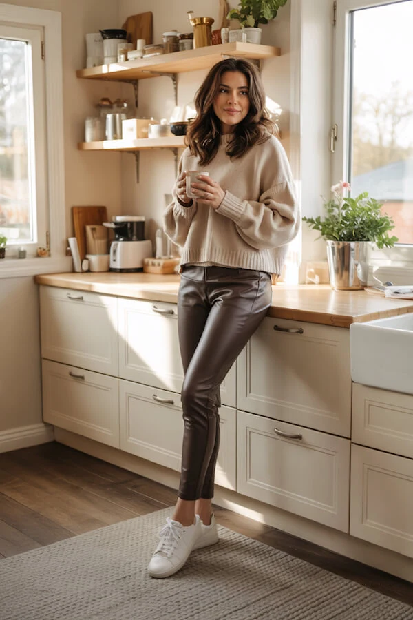Cream Oversized Sweater Brown Leather Trousers Outfit