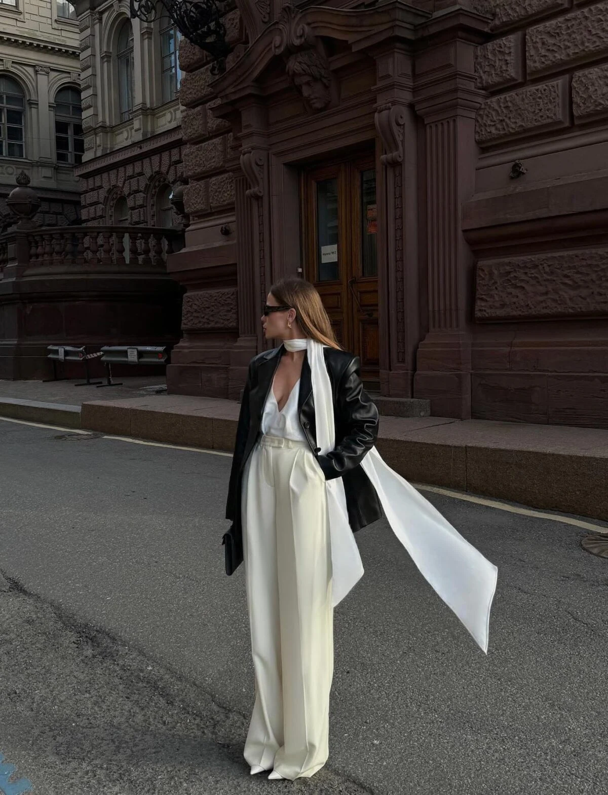 Black Leather Blazer Outfit with Cream Wide-Leg Trousers
