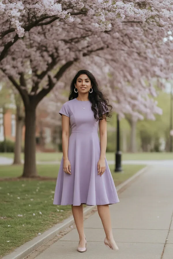 Lilac Fit and Flare Midi Dress with Short Sleeves