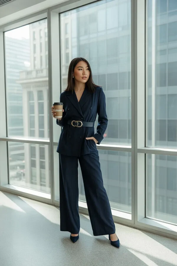 Navy Double-Breasted Blazer Suit with Wide-Leg Trousers